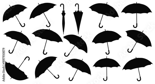 A collection of black silhouette umbrellas in various shapes and sizes