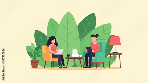 Two people and a cat relax with laptops and tablets among lush green leaves