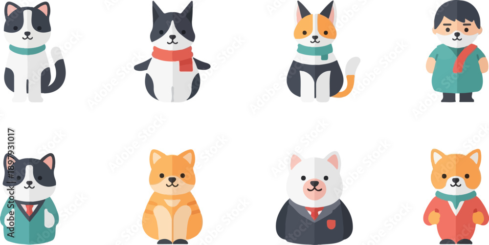 Fototapeta premium Stylized cartoon animals and one person, various outfits and poses