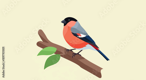 Stylized bullfinch perched on a brown branch with green leaves