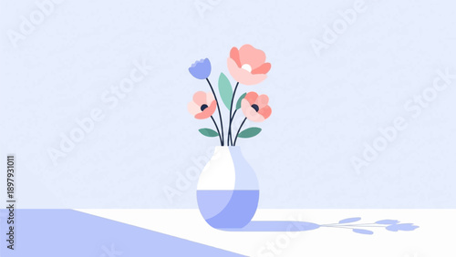 Simple illustration of a vase with colorful flowers and their shadows