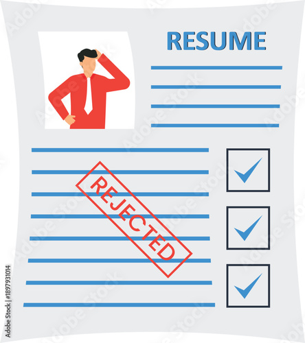 Rejected resume job application hiring process career failure unemployment concept business document flat design human resources sad businessman review checklist
