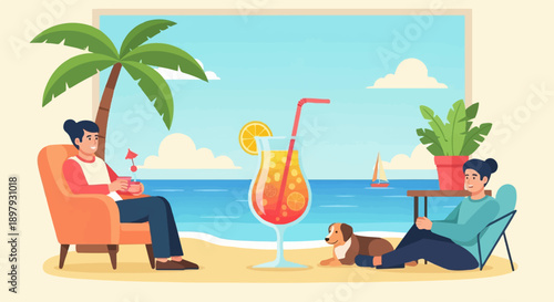Two people and a dog relaxing on a beach with a tropical drink