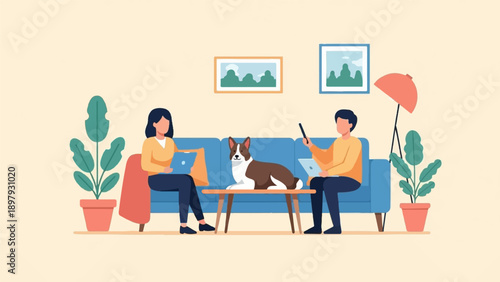 Two people and a dog relaxing on a couch, each using a laptop