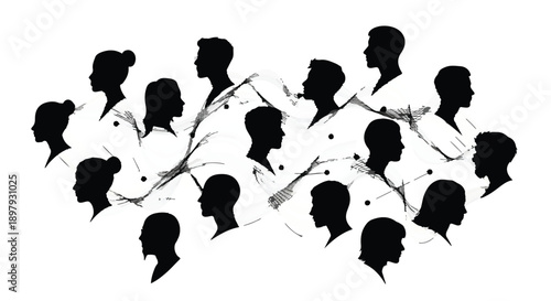 Diverse human silhouettes connected by abstract lines, symbolizing community and communication.