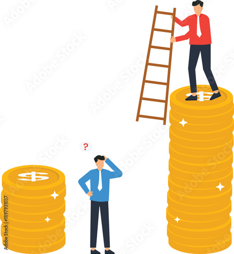 Businessmen comparing financial success, career growth, income gap, unequal opportunity, business challenge, money stacks, gold coins, reaching goals, corporate ladder, wealth comparison