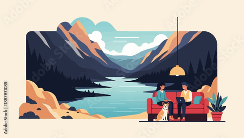 Two people and a dog relaxing on a couch with a laptop by a mountain lake
