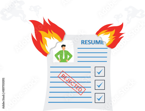 Resume document rejected application burning paper job failure career setback employment rejection hiring process business concept red stamp
