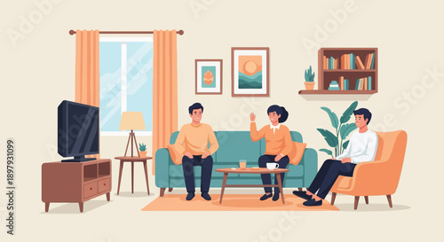 Three people relax in a living room, with a TV, couch, and plants