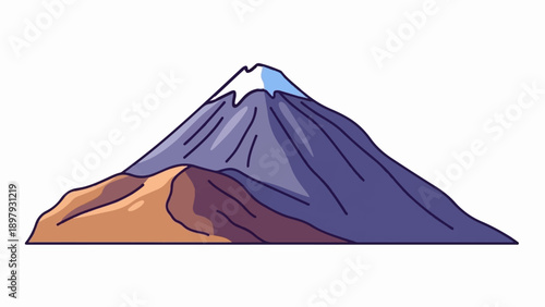 Stylized, cartoonish illustration of a snow-capped volcano with a purple and blue gradient
