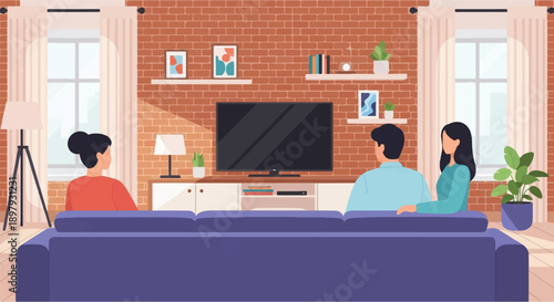 Three people relax on a couch in a living room, watching television