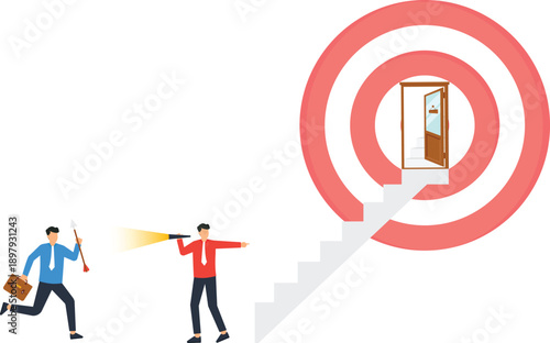 Businessmen pursuing goal achievement strategic planning corporate vision target marketing leadership guidance career opportunity open door staircase steps professional development flat design