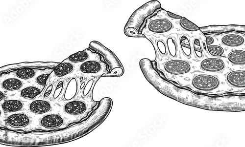 Engraving art vintage engraving style pepperoni pizza slices with stretchy cheese vector