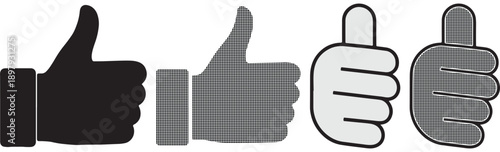 Collection of four distinct thumbs up hand gesture icons representing approval agreement and positive feedback in various styles.