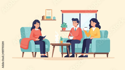 Three people relax on sofas with drinks, one reading a book