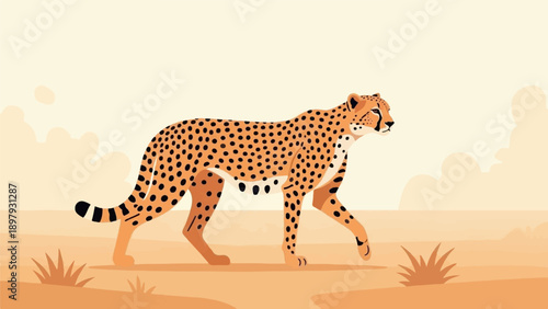 Stylized cheetah walks across a pale, arid landscape with soft clouds