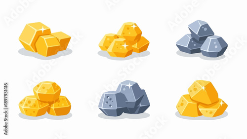 Six piles of shiny golden and grey crystalline mineral resources