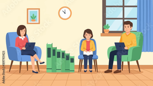 Three people sitting in armchairs in a room with books, a clock and a window