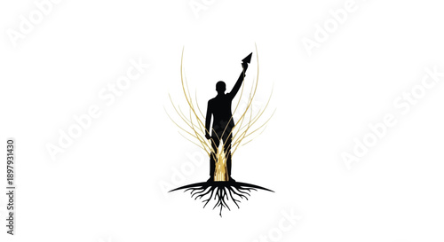 Silhouette of a man with arm raised, emerging from roots and golden light, symbolizing growth and achievement.