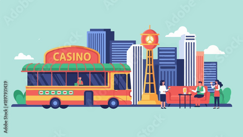 Stylized city scene with a casino bus and people relaxing at a lounge