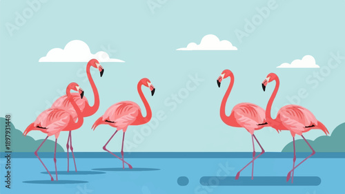 Six pink flamingos wading in blue water under cloudy sky