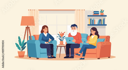 Three people sitting on couches in a room, each using a laptop