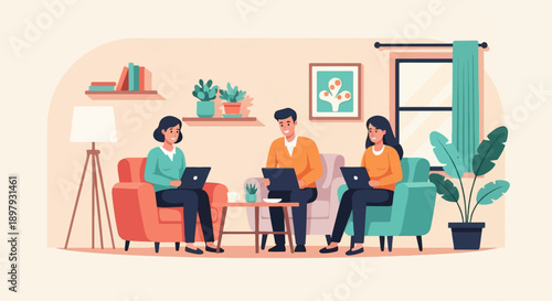 Three people sitting on sofas working on laptops in a room