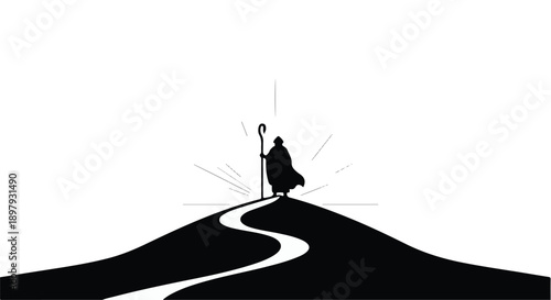 Lone figure with staff ascends winding path towards bright light on hilltop
