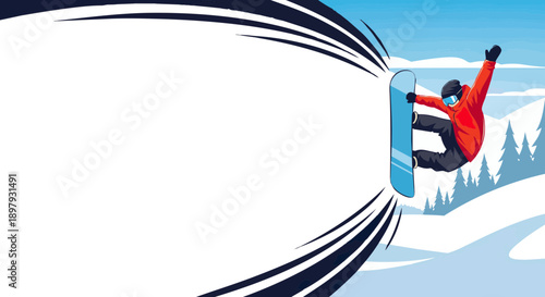 Dynamic vector illustration of a snowboarder performing a high jump in mid air