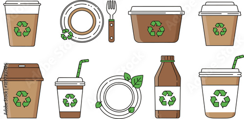 Eco-friendly disposable cups plates and bottle with recycling symbol and leaves untitled vector