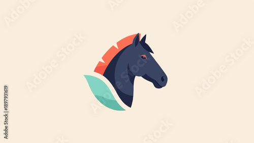 Stylized dark horse head with flowing coral mane and teal foliage