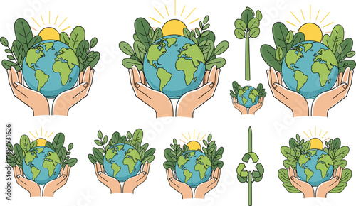 Hands holding planet Earth surrounded by leaves and sun for environmental protection untitled