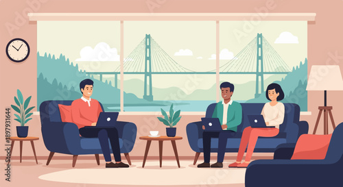 Three people work on laptops in a living room with a scenic bridge view