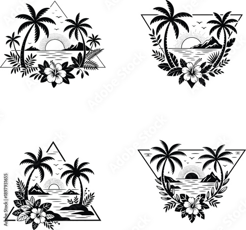 Tropical palm tree designs with floral wreaths and island scenery