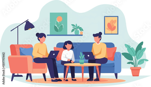 Three people work on laptops in a modern living room