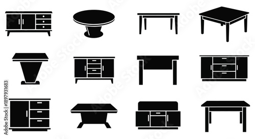 Black and white icons depicting various furniture pieces in a grid