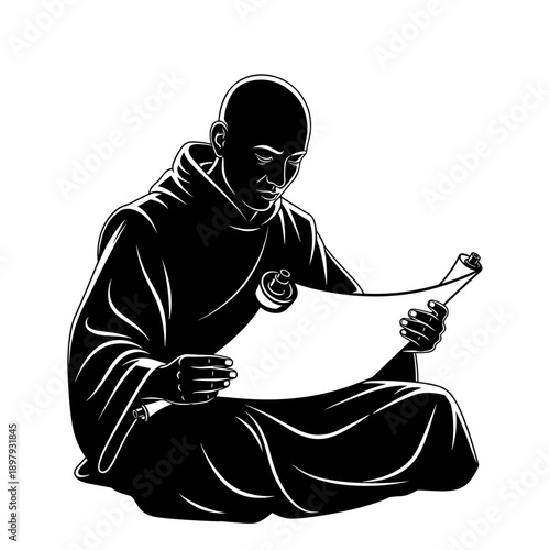 monk silhouette reading scripture seated focused contemplative calm spiritual study sacred text concept education concept religion