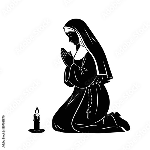 nun silhouette praying with candle calm focused spiritual devotion peaceful sacred ritual concept religion concept meditation