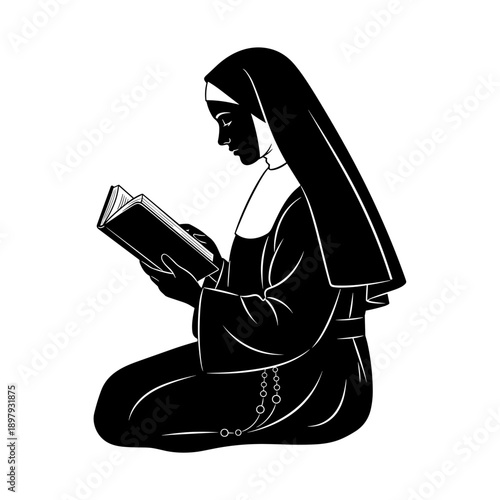 nun silhouette reading bible calm focused spiritual study peaceful contemplation sacred text concept religion concept education