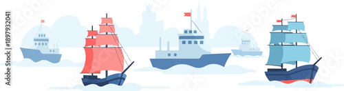 Stylized fleet of ships with vintage and modern vessels on water