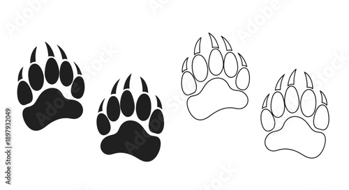 Black and white bear paw prints in varying styles and outlines