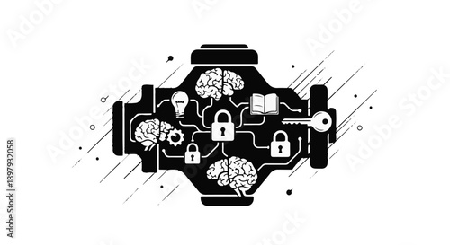 Conceptual illustration of interconnected brains and locks symbolizing knowledge security and data protection