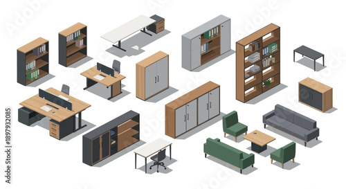 Isometric illustration of modern furniture and office equipment arranged in a neat layout showcasing various pieces from different viewpoints