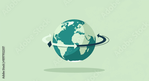 Stylized globe with opposing directional arrows indicating rotation and movement