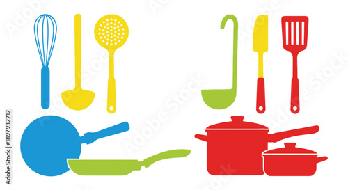 Colorful kitchen utensils and cookware arranged in a simple illustration