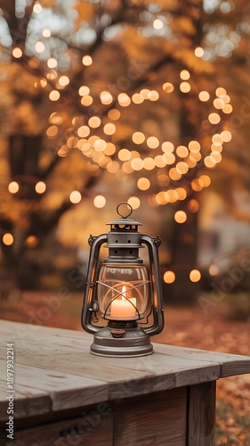 Cozy autumn scene with a vintage lantern burning on a rustic wooden table, surrounded by blurred golden bokeh lights.