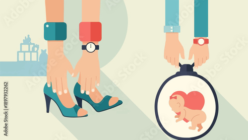 Stylized hands and feet in a flat design, showcasing fashion and a baby