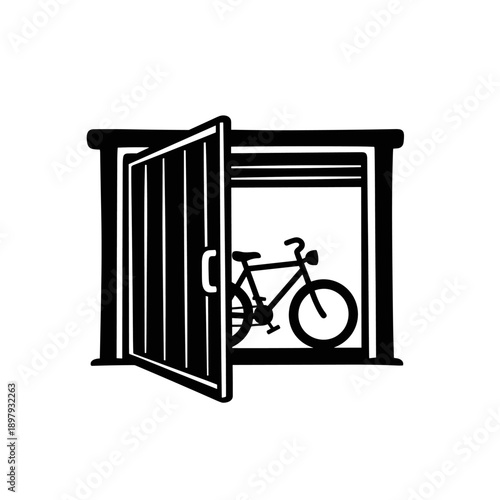 Bicycle stored inside a garage with open door.