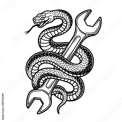 Intricate Snake Coiled Around a Wrench in Detailed Engraving Style.