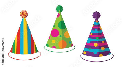 Colorful party hats arranged in a row on a white background